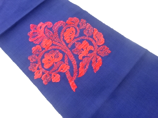 手織り紬花葉模様刺繍名古屋帯